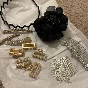 Assortment of woman’s hair clips, gold, silver, black